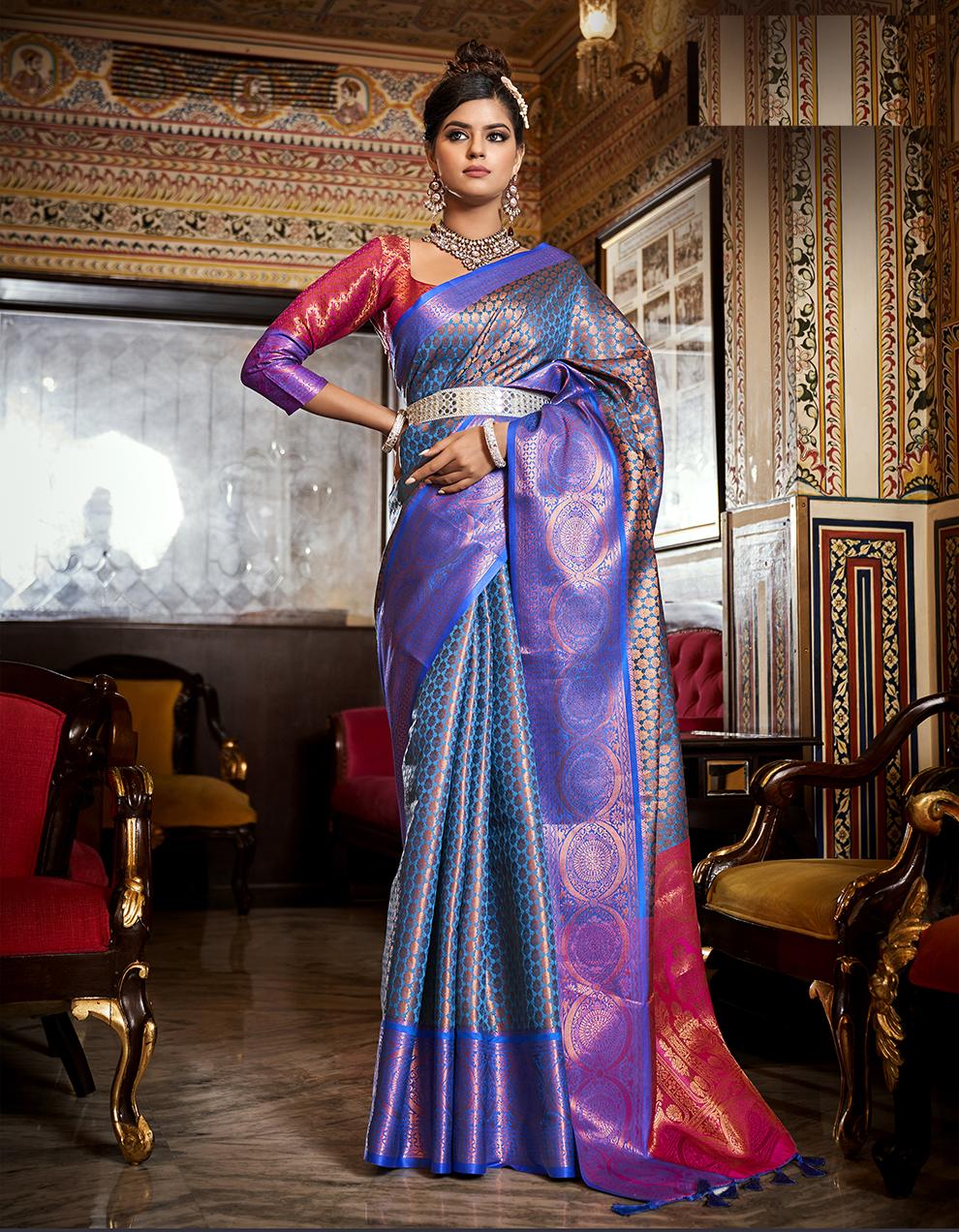 Blue Silk Kanjivaram Saree for Women With Blouse SD27575