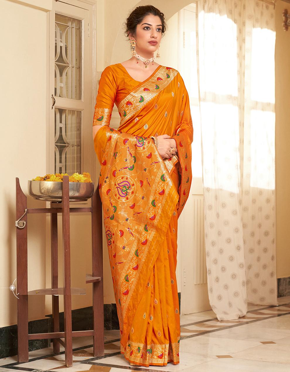 Orange Banarasi Silk Saree With Blouse SD25873