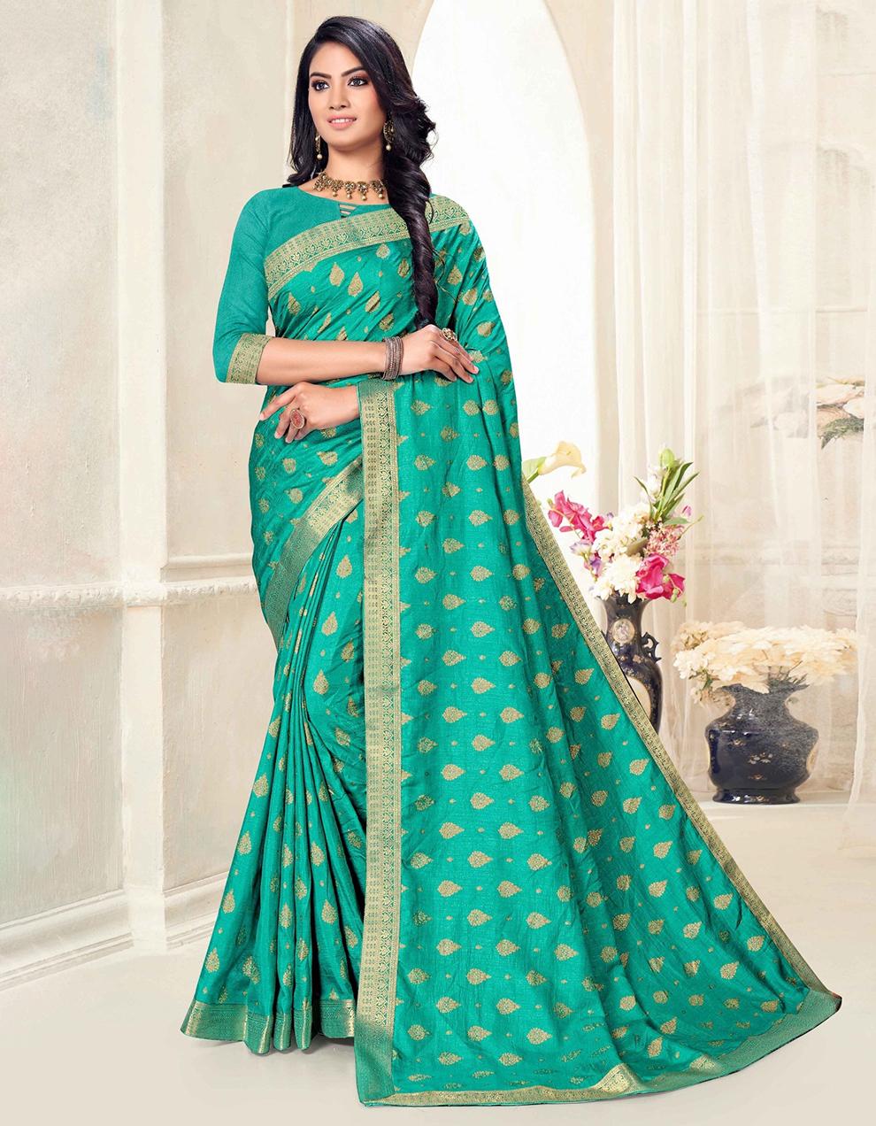 Turquoise Green Vichitra Silk Saree With Blouse IW27007