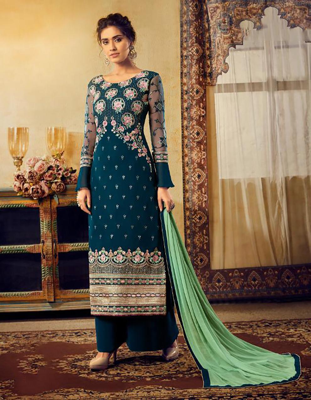 Peacock Blue Viscose Georgette Palazzo Suit with Dupatta SHL8723