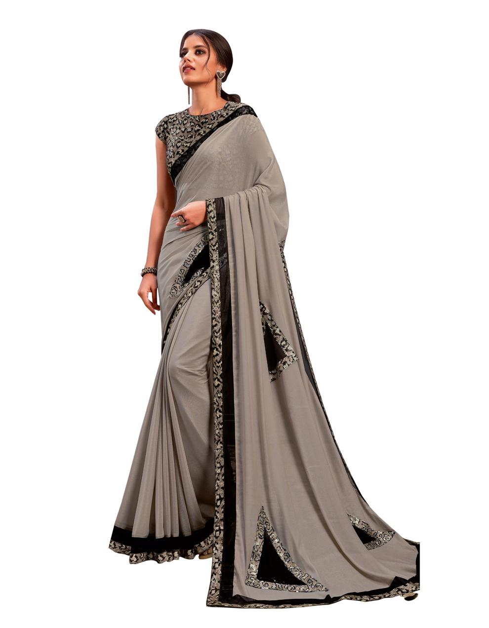 Light Grey Silk Georgette Saree With Stitched Blouse MH23967