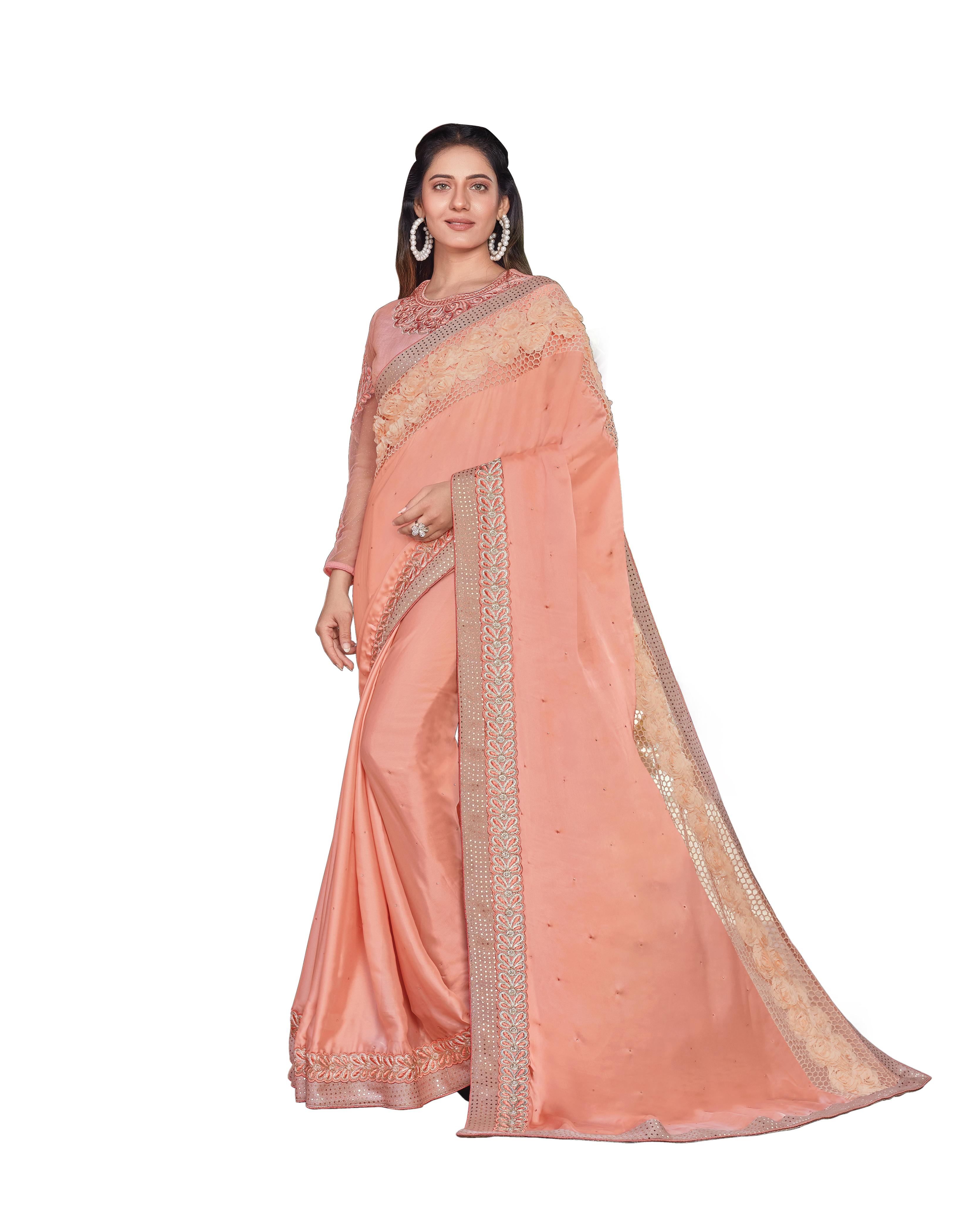 Peach Satin Silk Saree With Blouse MH25056
