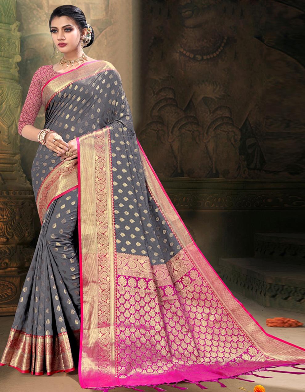 Grey Poly Silk Saree With Blouse IW24614