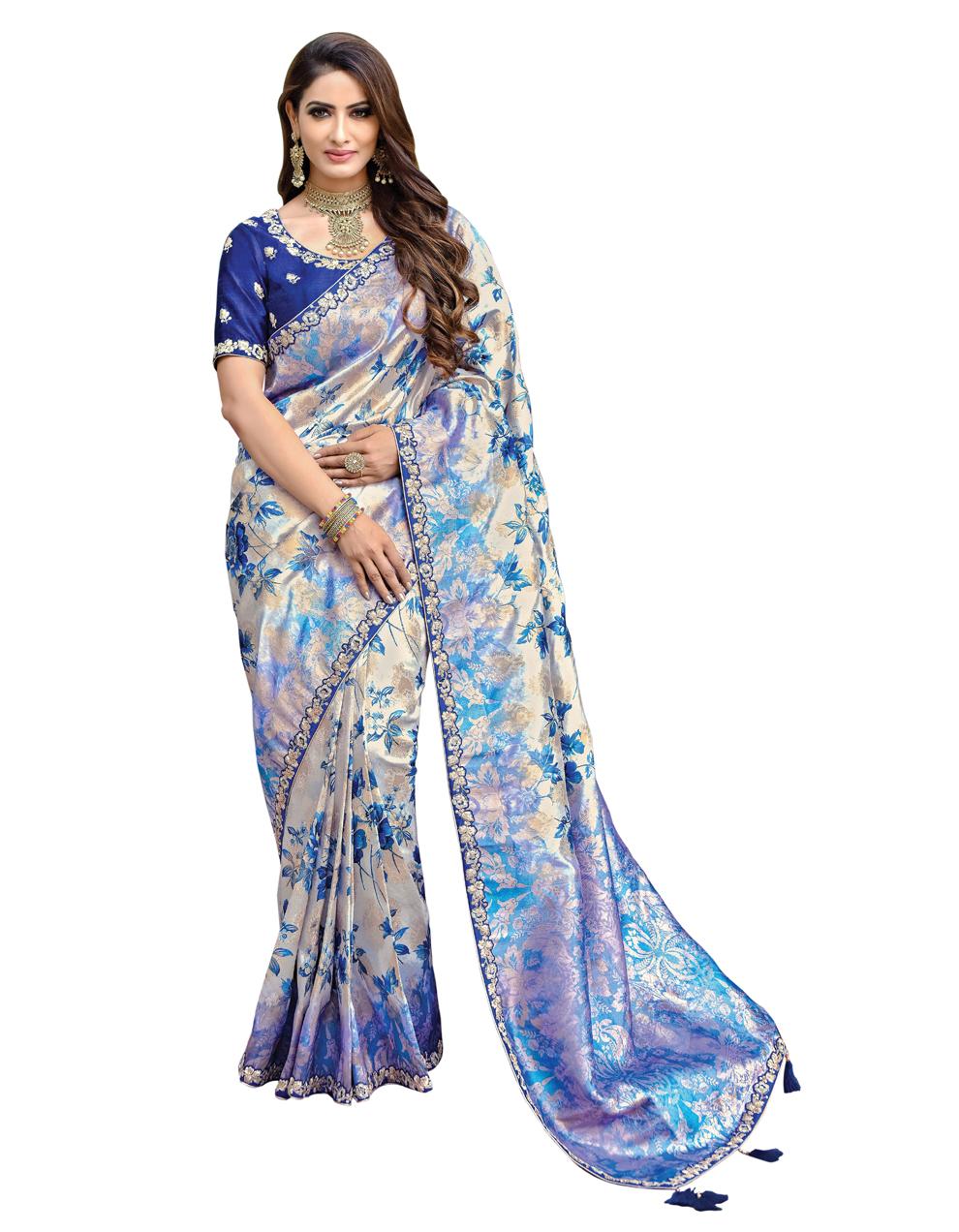 Off White And Blue Silk Saree with Jacket And Blouse MH23179