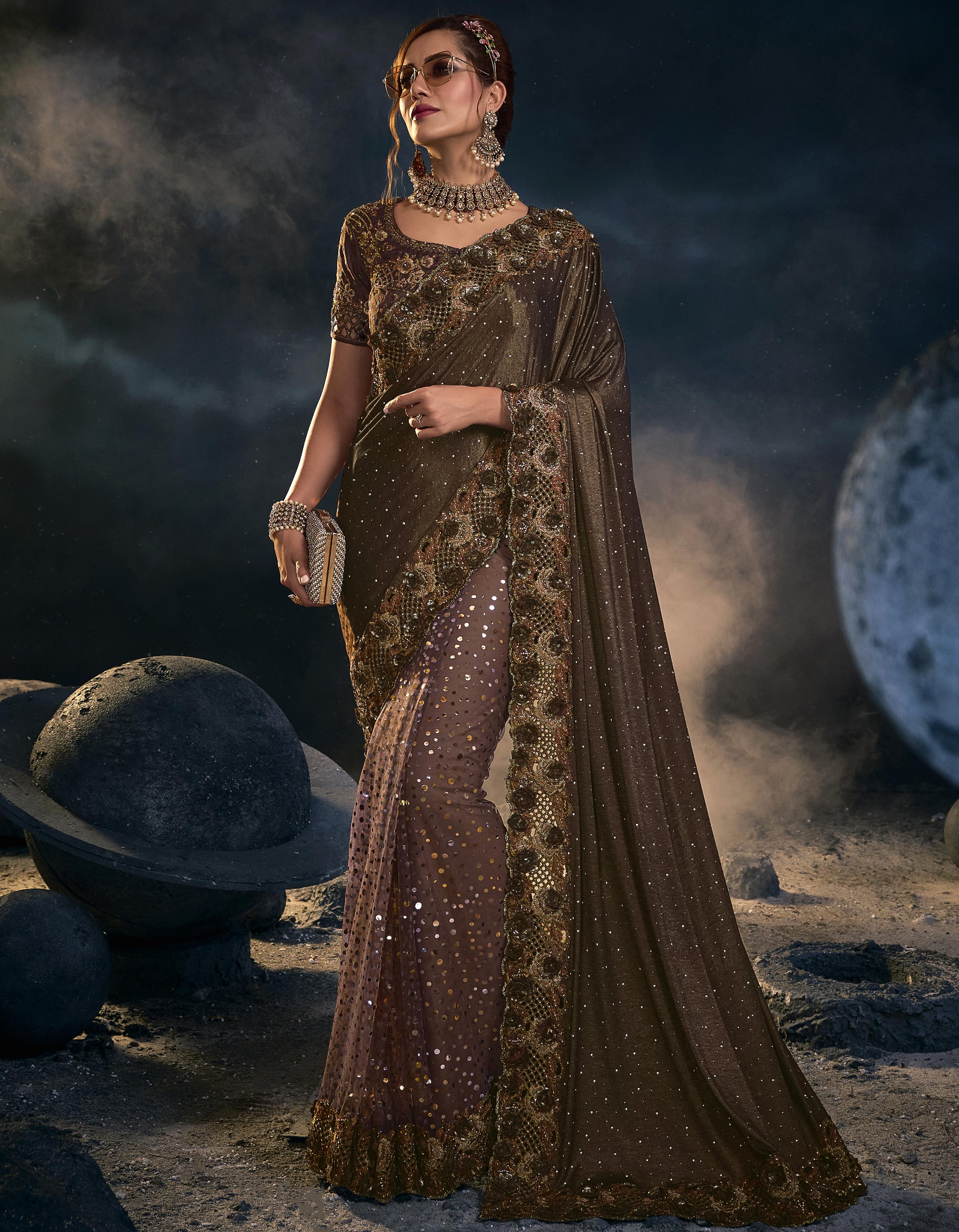 Brown Net Party Wear Saree for Women With Blouse SD27078