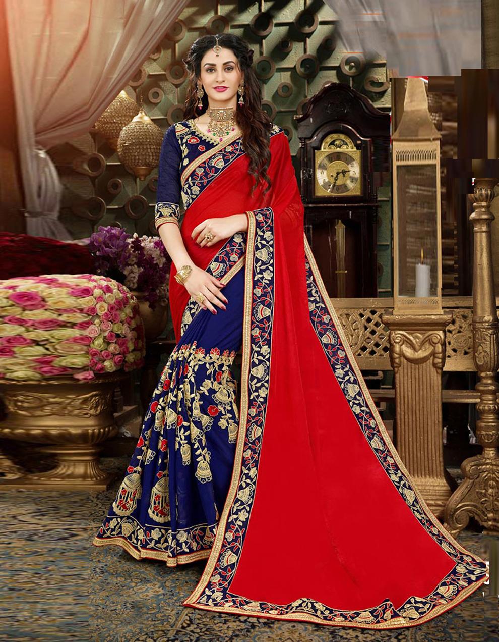 Red And Blue Georgette Saree With Blouse SD18414