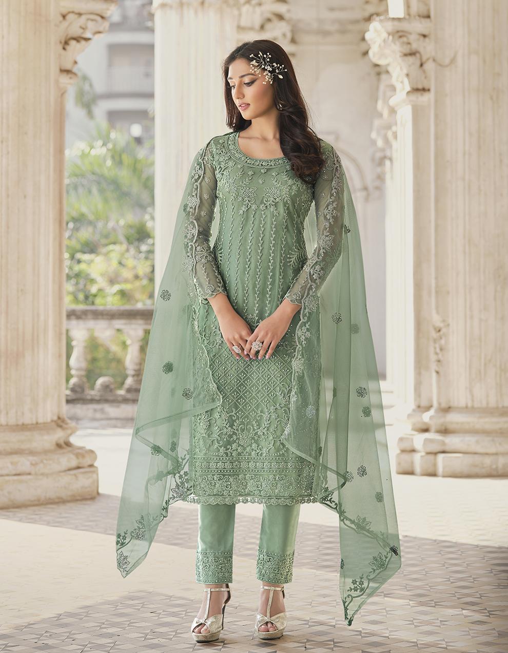 Light Green Net Straight Suit with Dupatta SAF8774