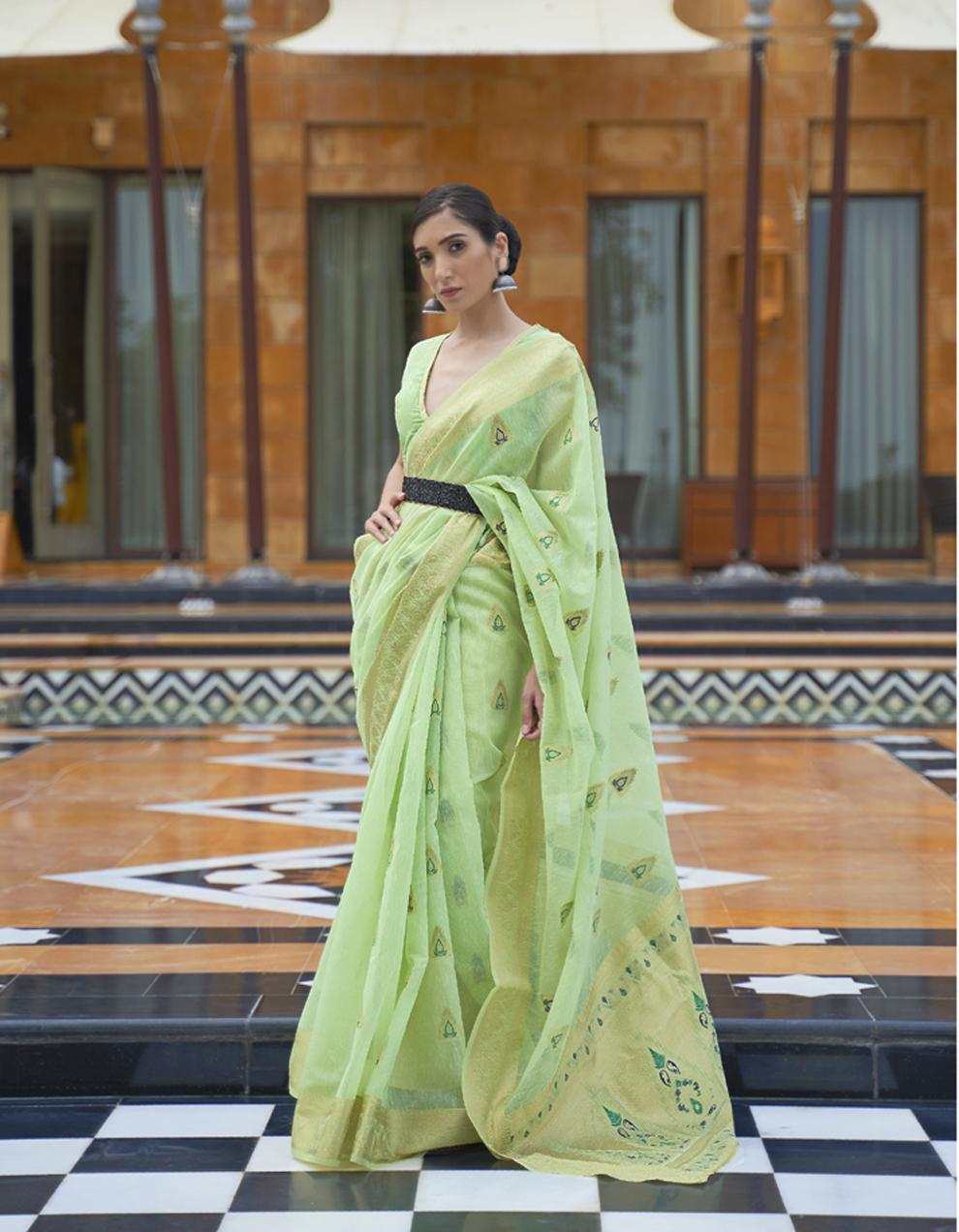 Green PURE LINEN Saree for Women With Blouse SD28058