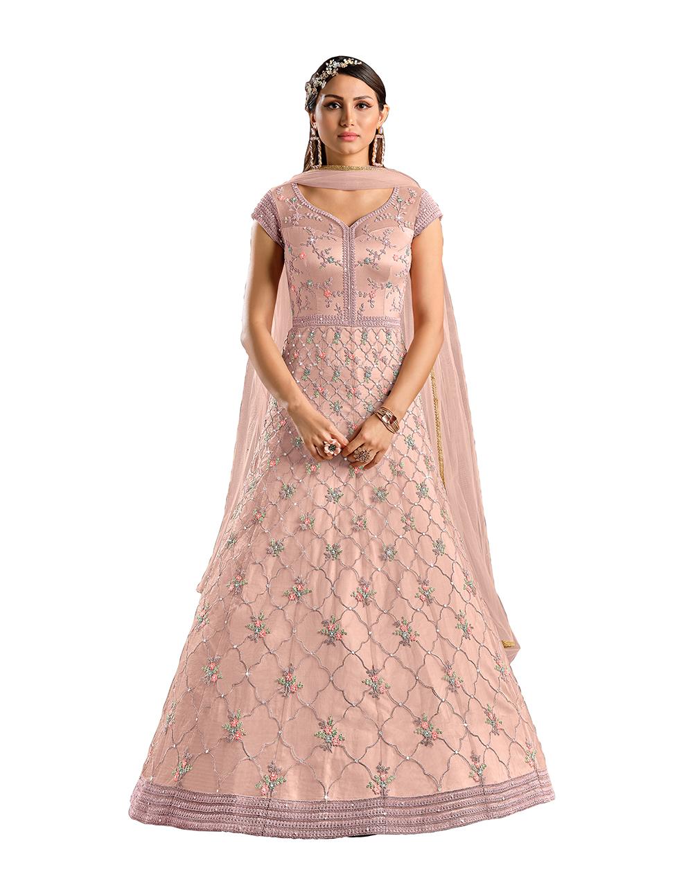 Peach Net Anarkali Suit with Heavy Embroidery Work SAF8645