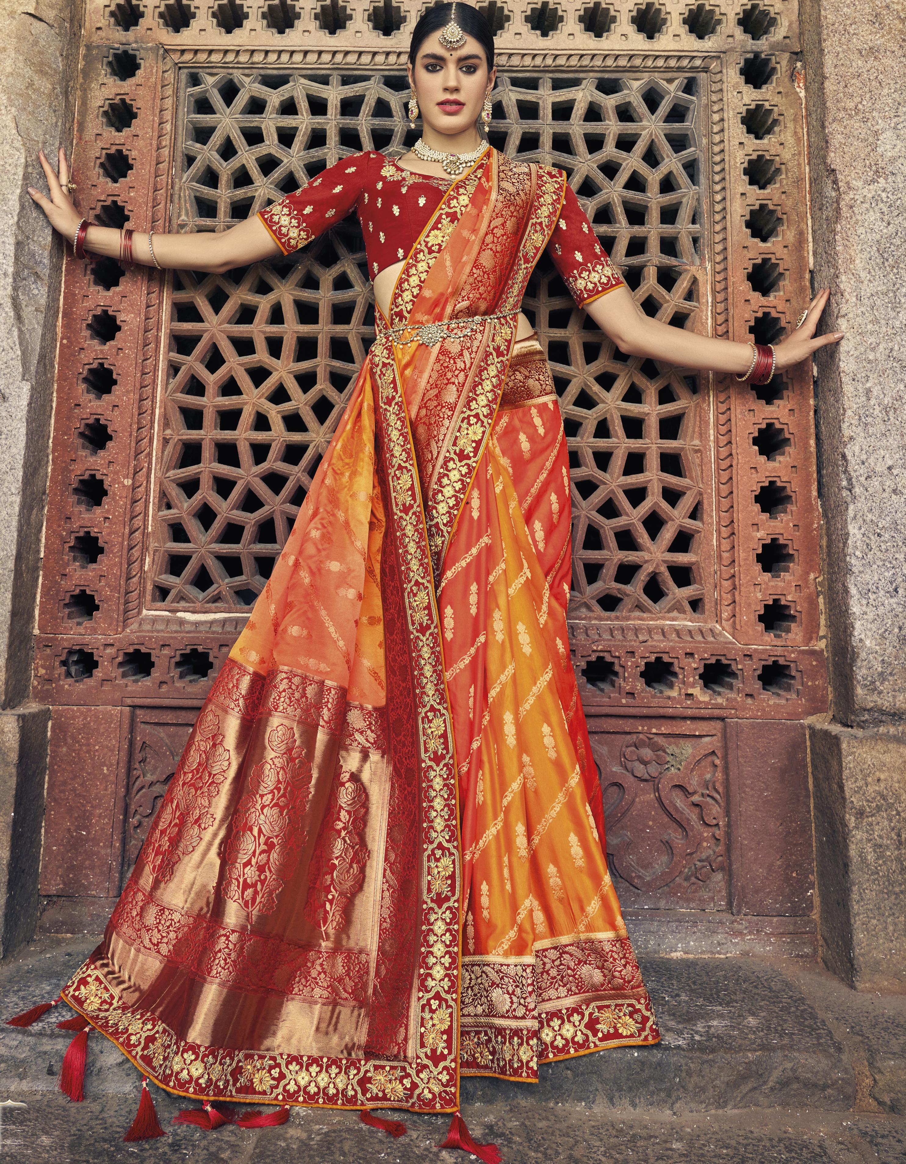 Orange And Red Silk Saree for Women With Blouse SD27208