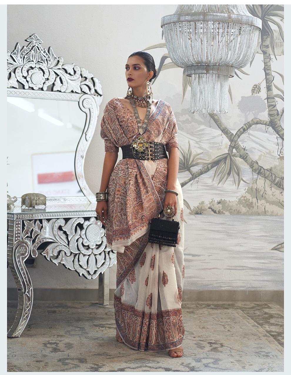 WHITE Banarasi Modal Silk Saree for Women With Blouse SD29029