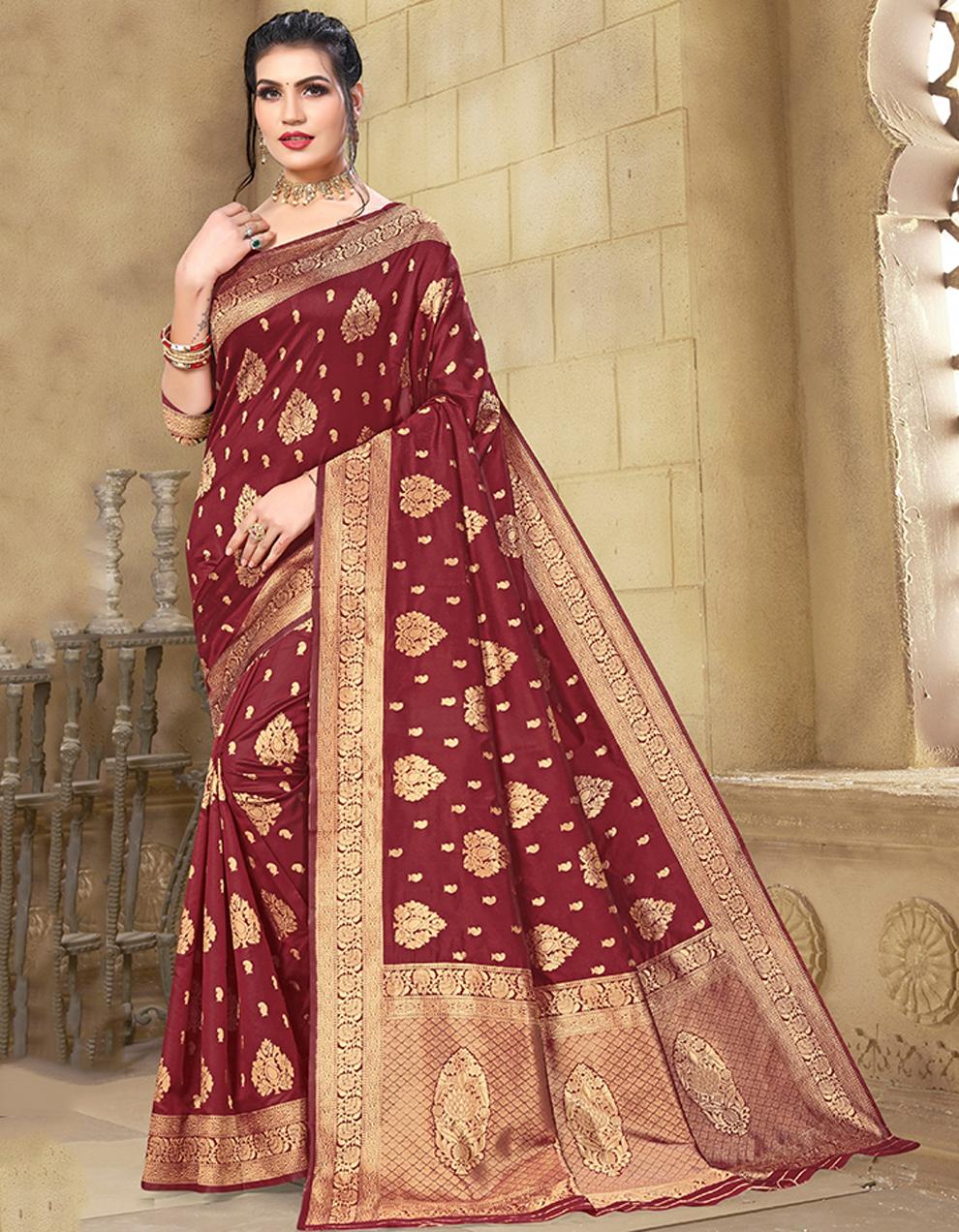 Maroon Cotton Silk Saree With Blouse IW24597