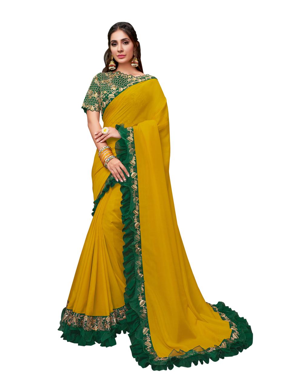 Mustard Yellow Silk georgette Saree With Stitched Blouse MH23231
