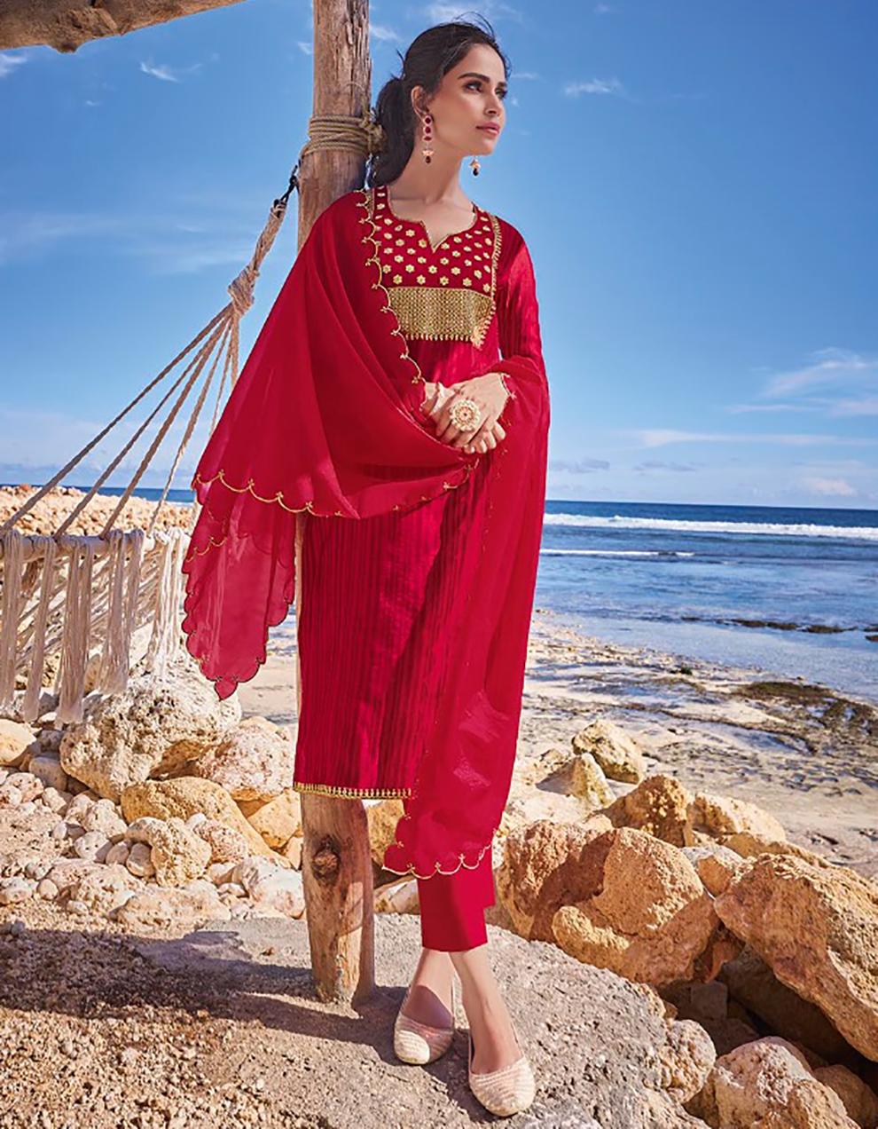 Red Pure Modal chanderi Straight Suit SMF8559