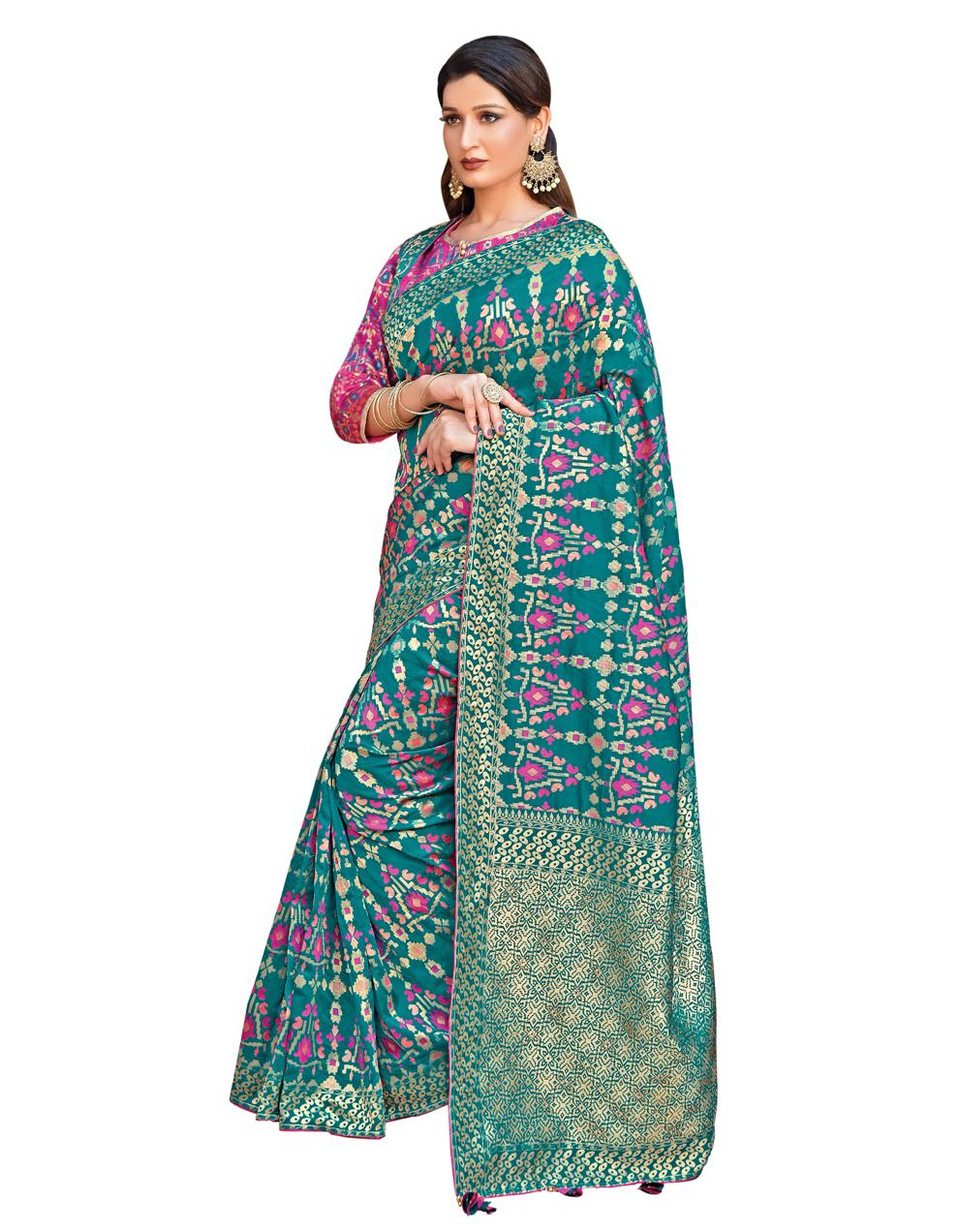 Teal green Silk Saree with Jacket And Blouse MH23195
