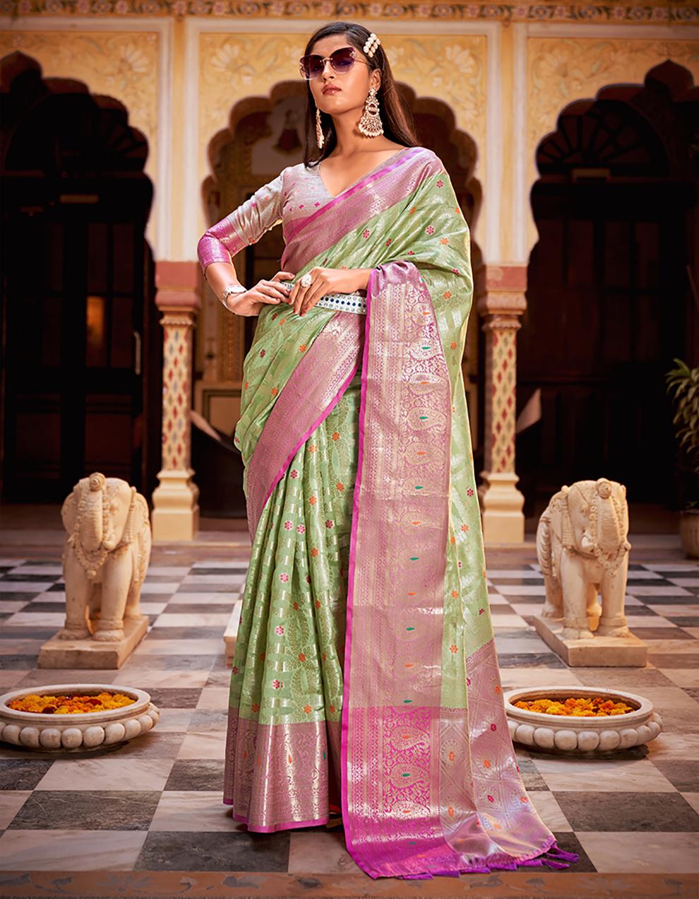 Green Tissue Silk Saree for Women With Blouse SD27547