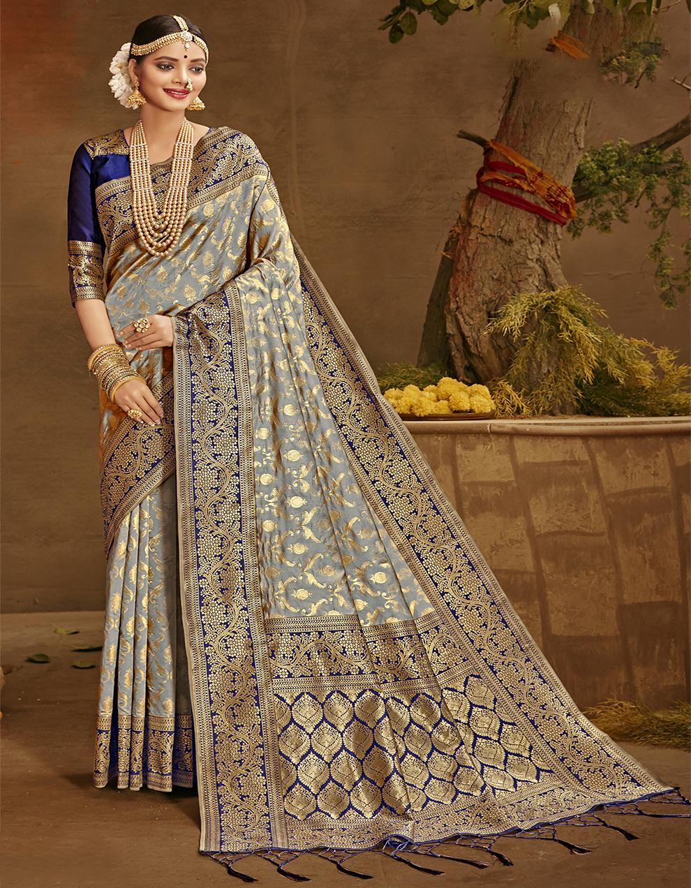 Grey Banarasi Silk Saree With Blouse SD26065