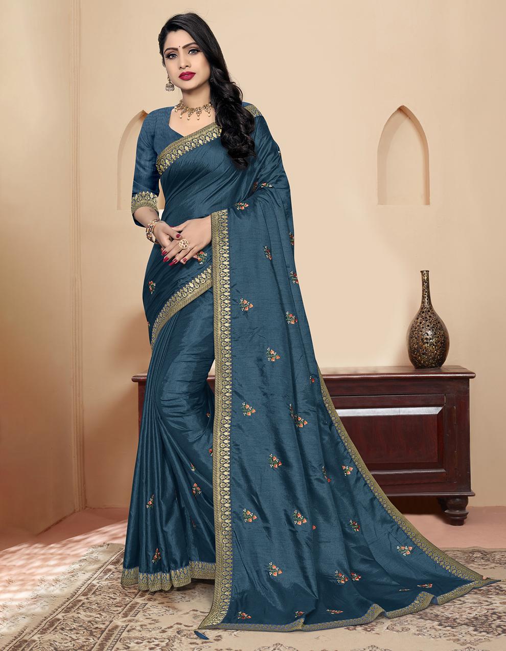 Teal Blue Vichitra Silk Saree With Blouse IW26995