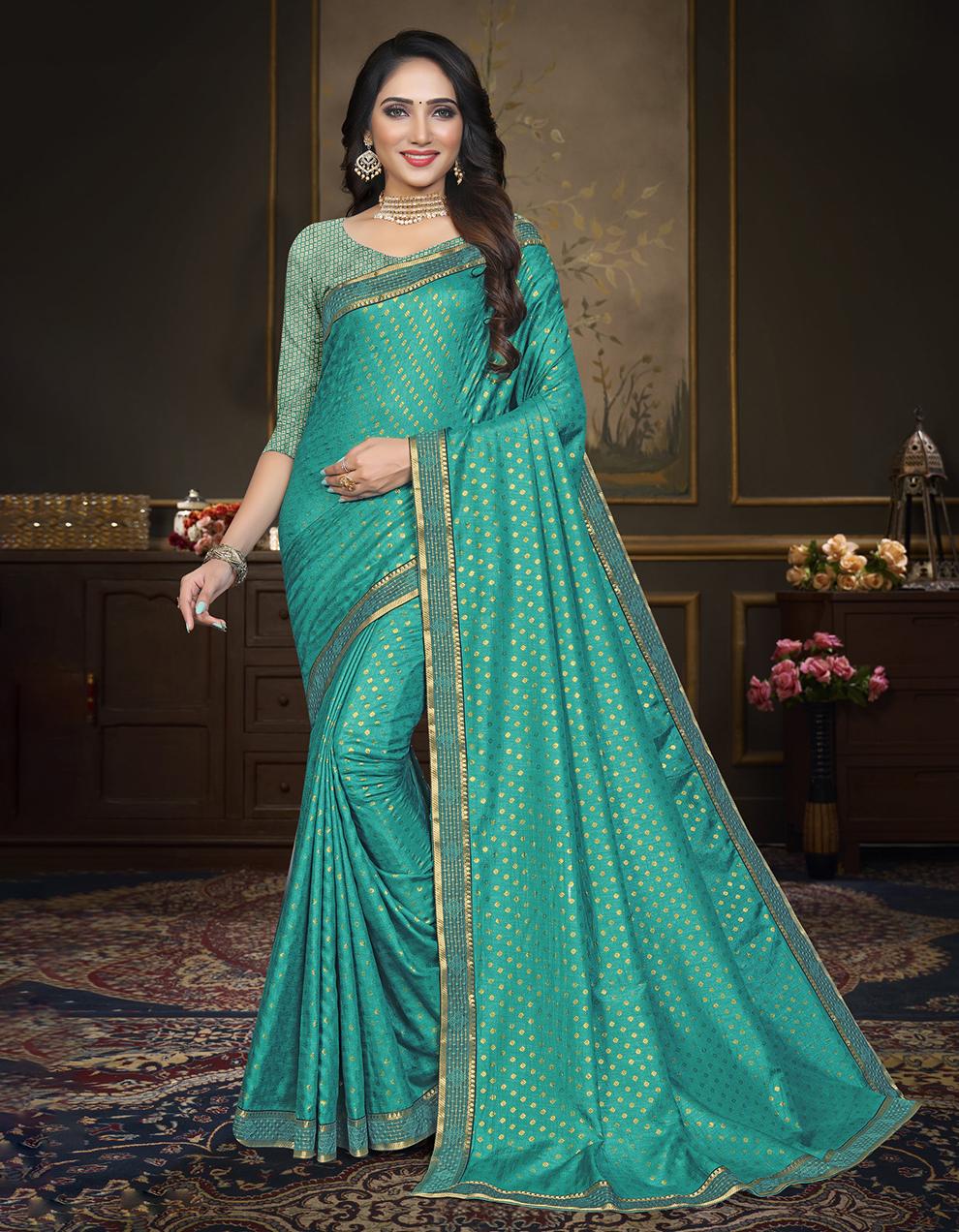 Turquoise Blue Vichitra Silk Saree With Blouse IW26960