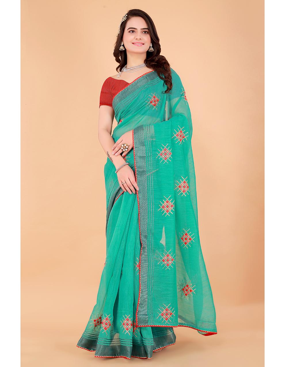 green Cotton Saree for Women With Blouse SD29129