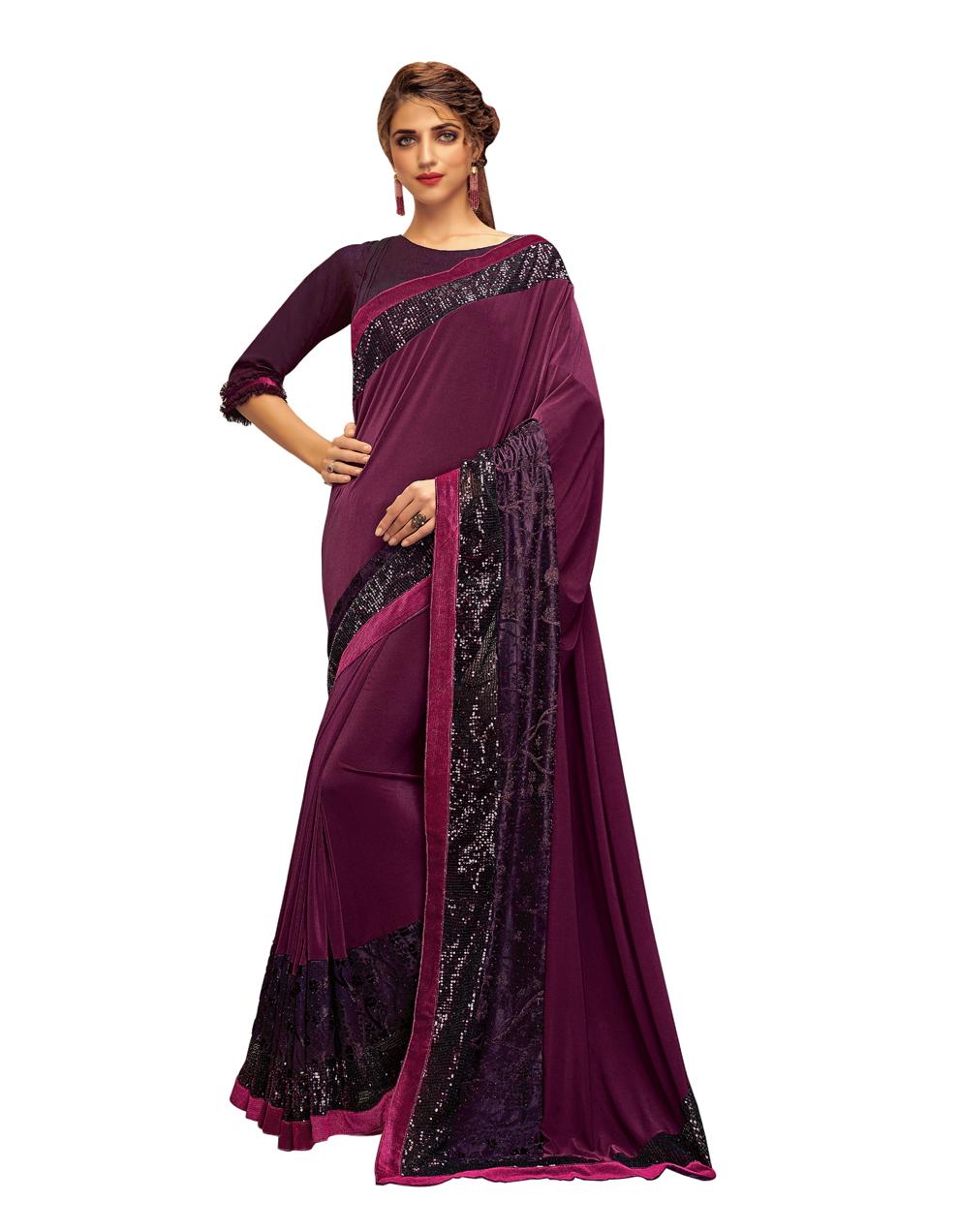 Wine Lycra Saree With Blouse MH23211
