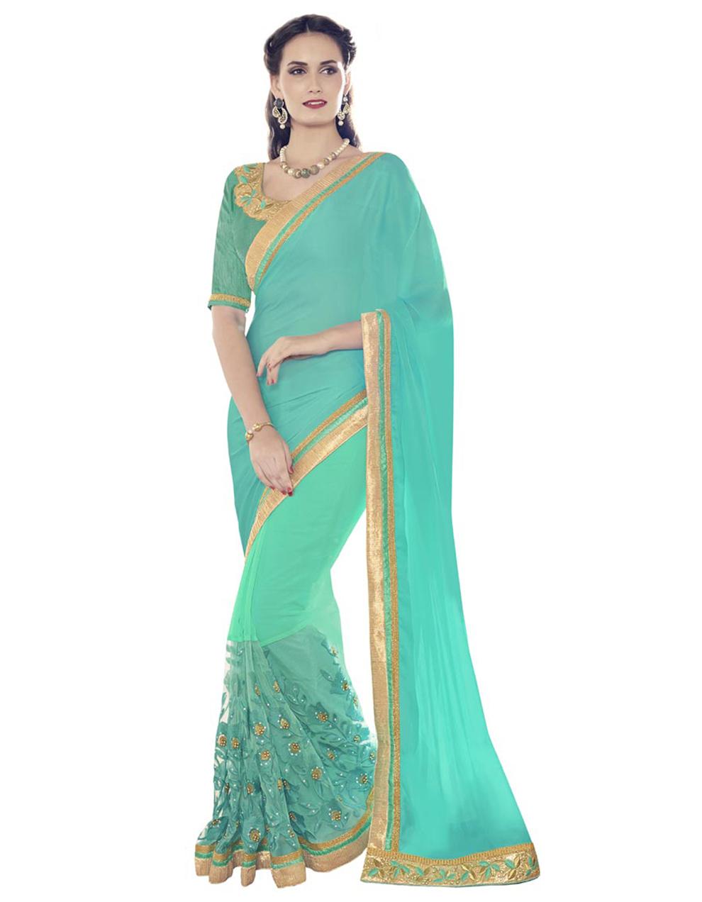 Cyan  Satin Chiffon And Net Georgette Half and Half Saree With Blouse IW13537