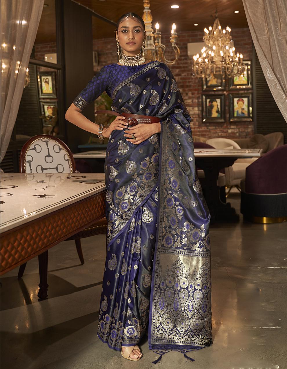 Navy Blue Satin Handloom Saree for Women With Blouse SD27908