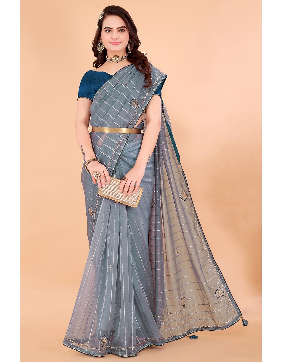 grey Organza Saree for Women With Blouse SD29101