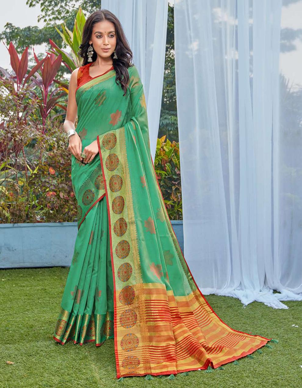Green Chanderi cotton Saree With Blouse MK25687