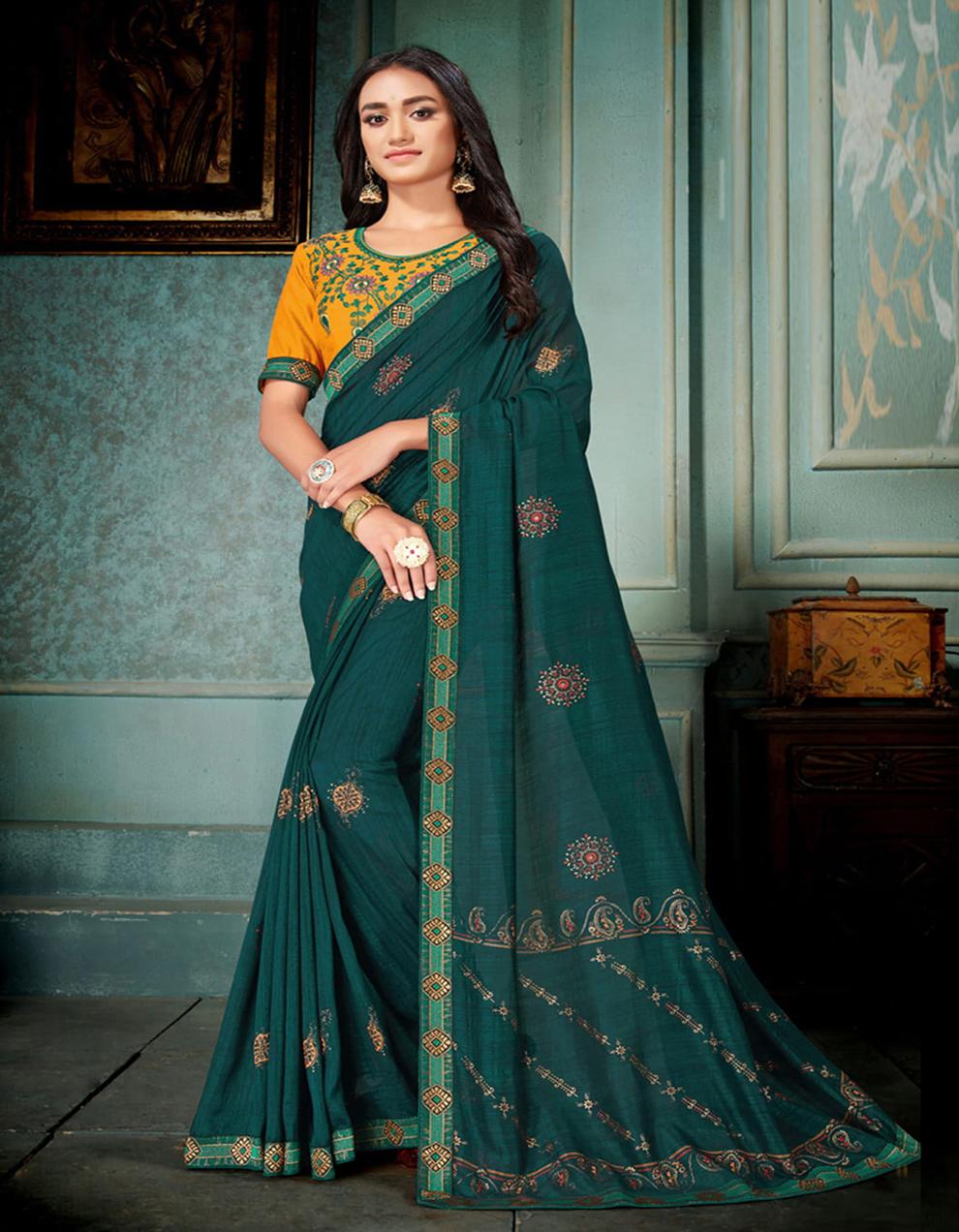 Dark Green  Vichitra Silk Saree With Blouse SD21534