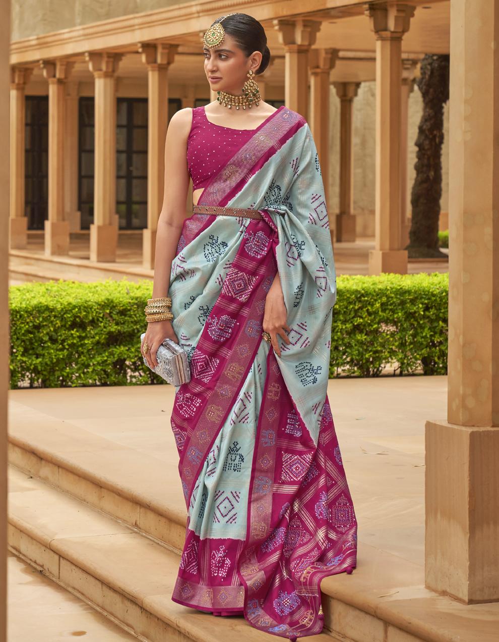 Light Blue Pure Dola Silk Patola Saree for Women With Blouse SD27906