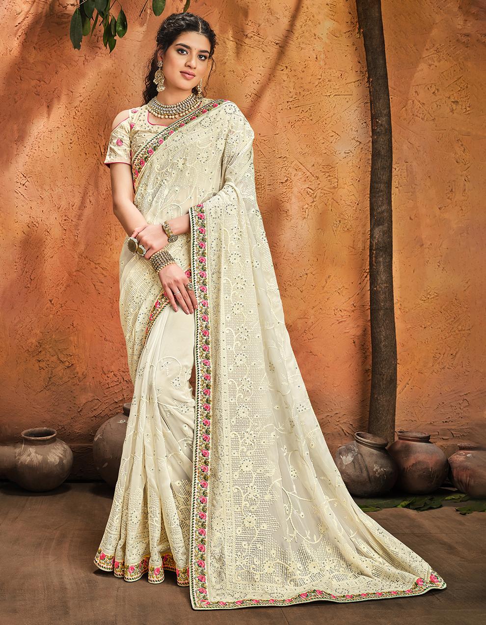 Cream Georgette Saree With Blouse SD24141