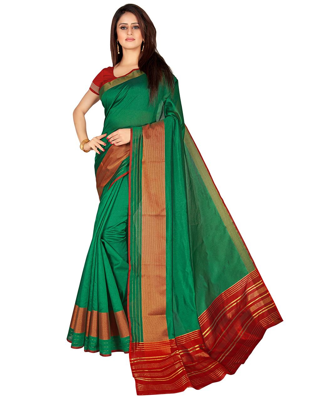 Green Cotton Silk Saree With Blouse MK25311
