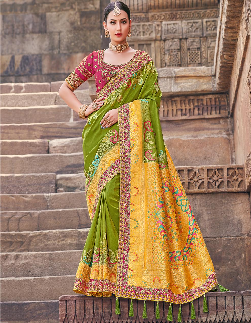 Yellow And Green Dola Silk Saree for Women With Blouse SD27850
