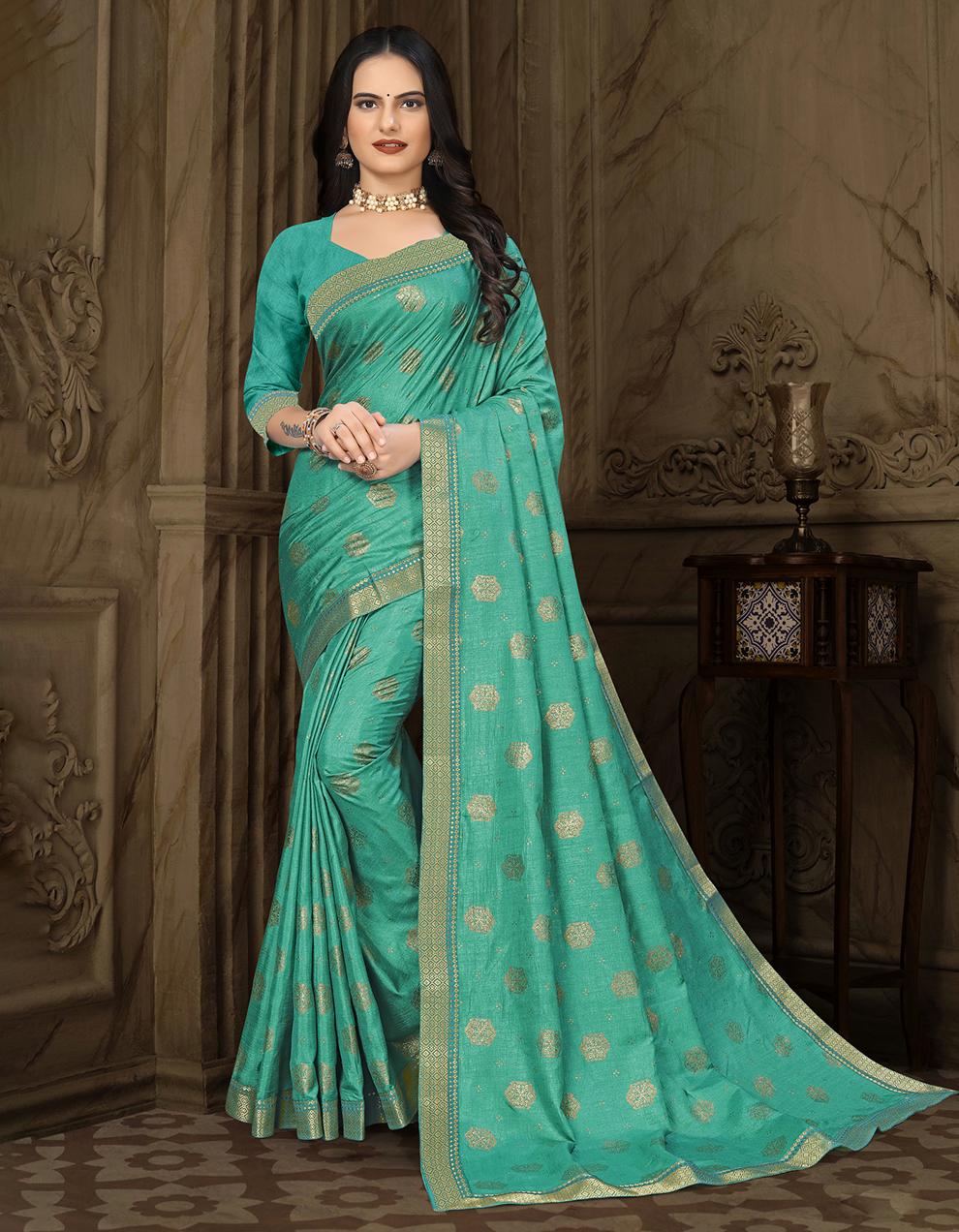 Turquoise Green Vichitra Silk Saree With Blouse IW27023