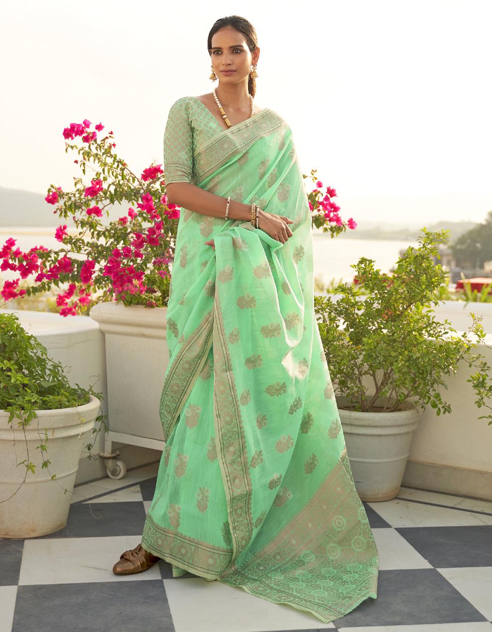 Green LINEN Saree for Women With Blouse SD28246