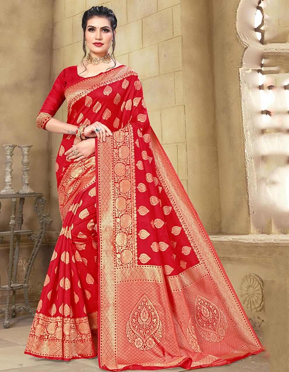 Red Cotton Silk Saree With Blouse IW24599
