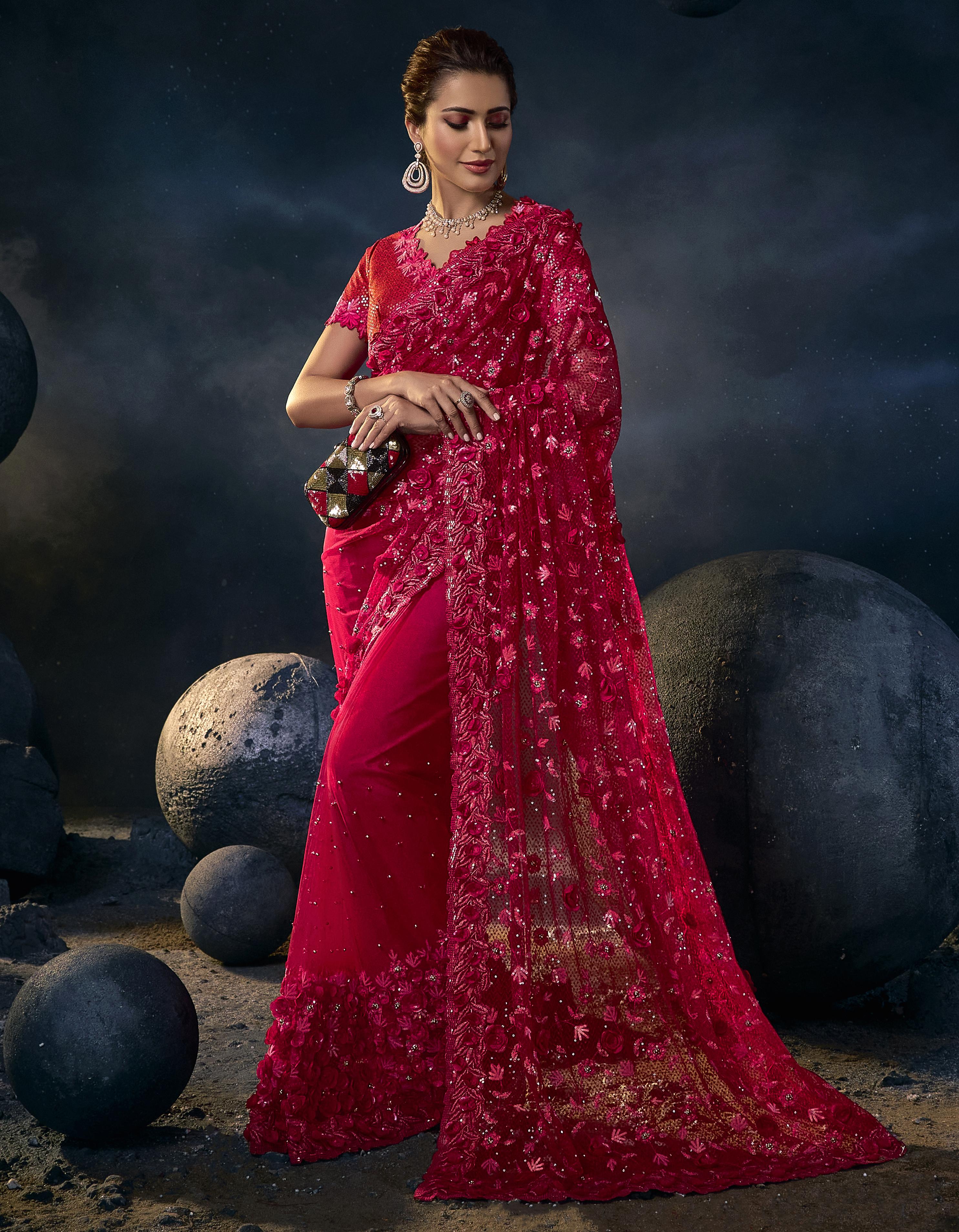 Red Net Party Wear Saree for Women With Blouse SD27070