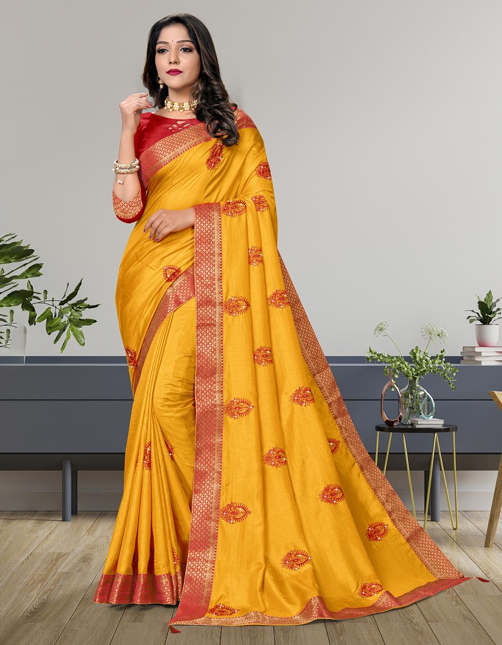 Yellow Vichitra Silk Saree With Blouse IW26984