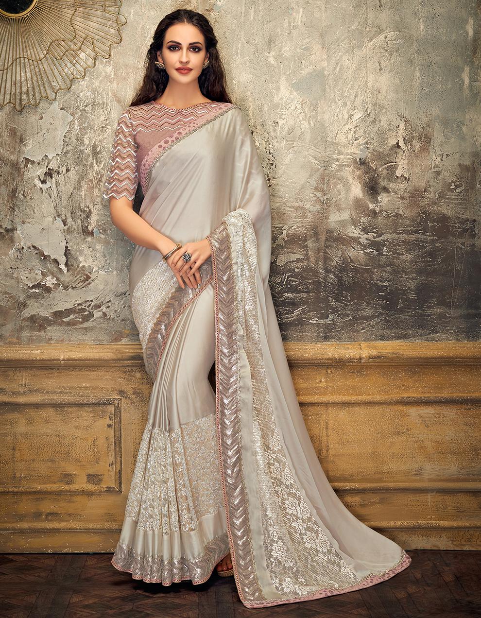 Grey Lycra And Fancy net Saree With Blouse MH21189