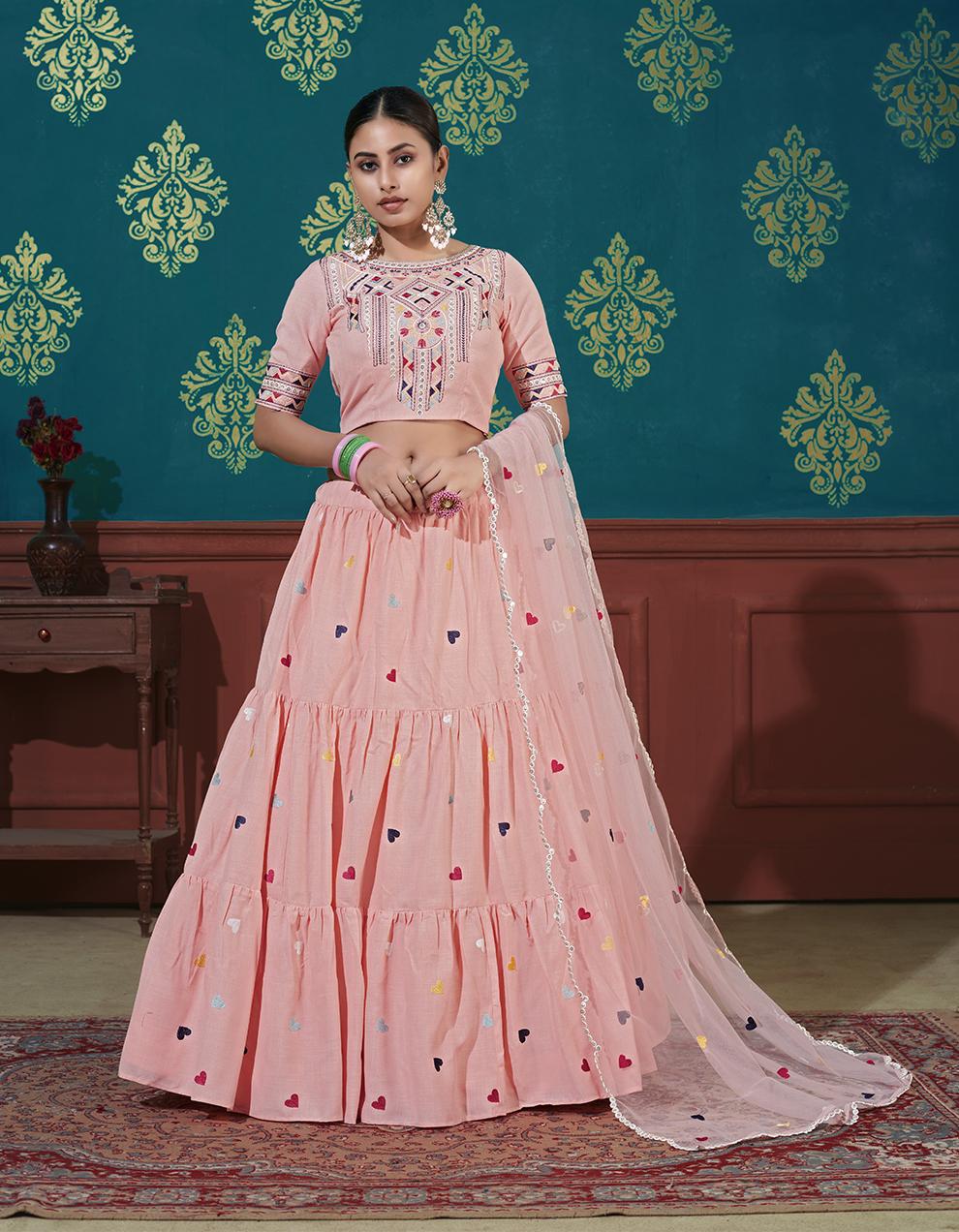 Cotton Pink Semi-stitched Lehenga with Choli And Dupatta LMH2894