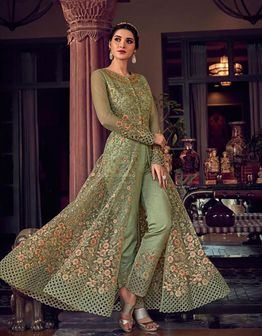 Green Net Anarkali Suit with Heavy Embroidery Work SAF8689