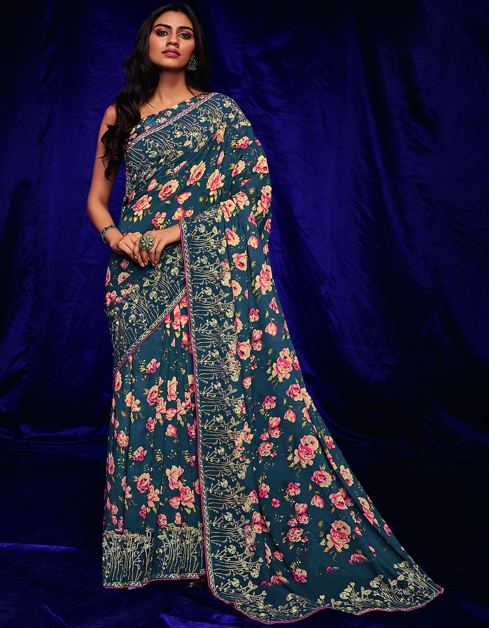 Blue Pure Georgette Saree With Blouse SD26098
