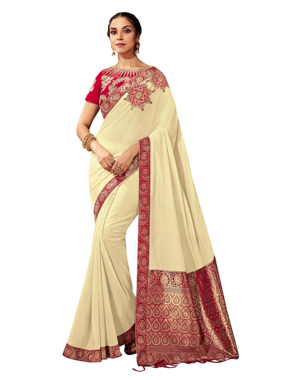 Off White Silk Georgette And Brocade Saree With Blouse MH20503