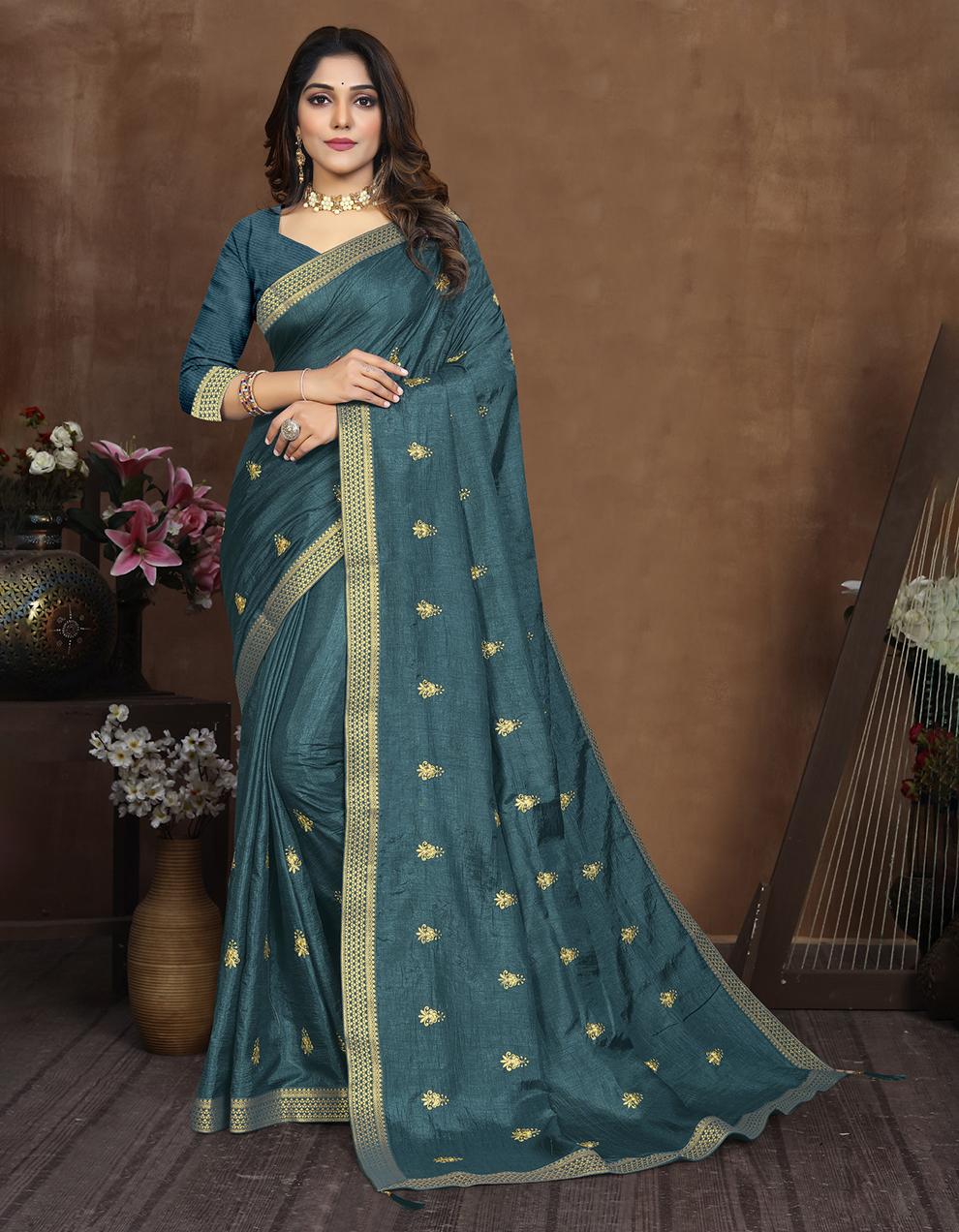 Teal Blue Vichitra Silk Saree With Blouse IW27043