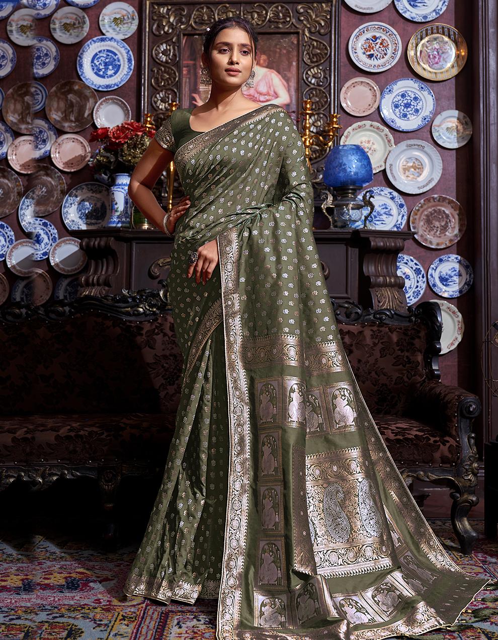 Olive Green Banarasi Silk Festive wear Saree for Women With Blouse SD27141