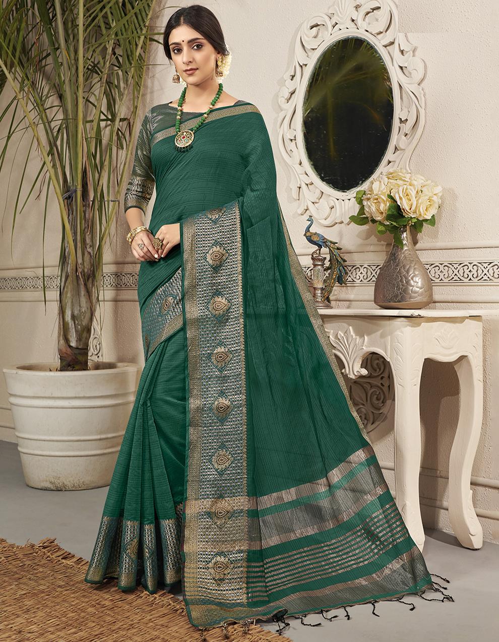 Green Chanderi Cotton Saree With Blouse MK25939