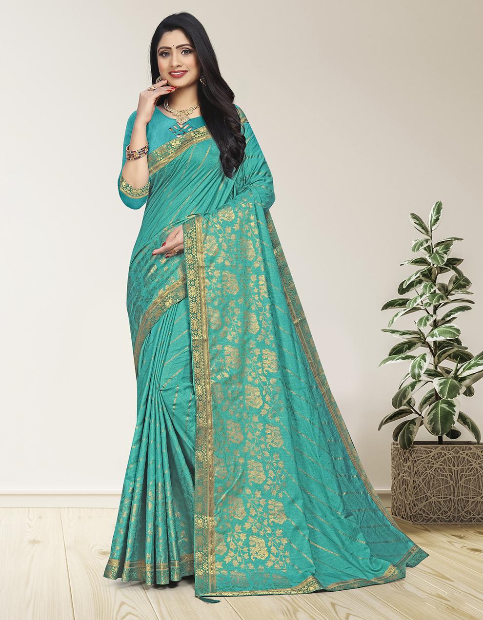 Turquoise Green Vichitra Silk Saree With Blouse IW27059