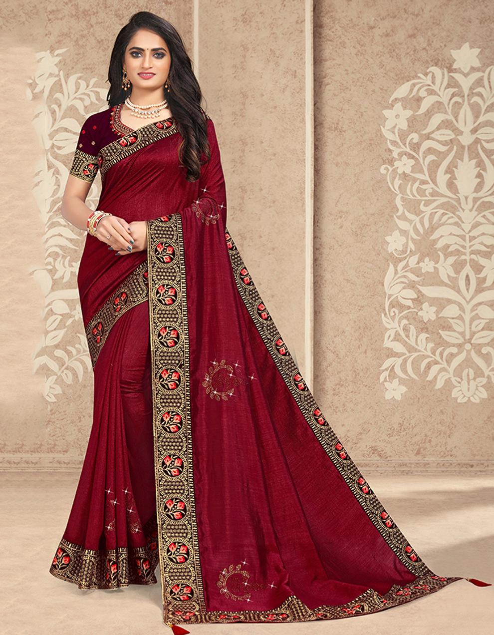 Maroon Vichitra silk Saree With Blouse IW24340