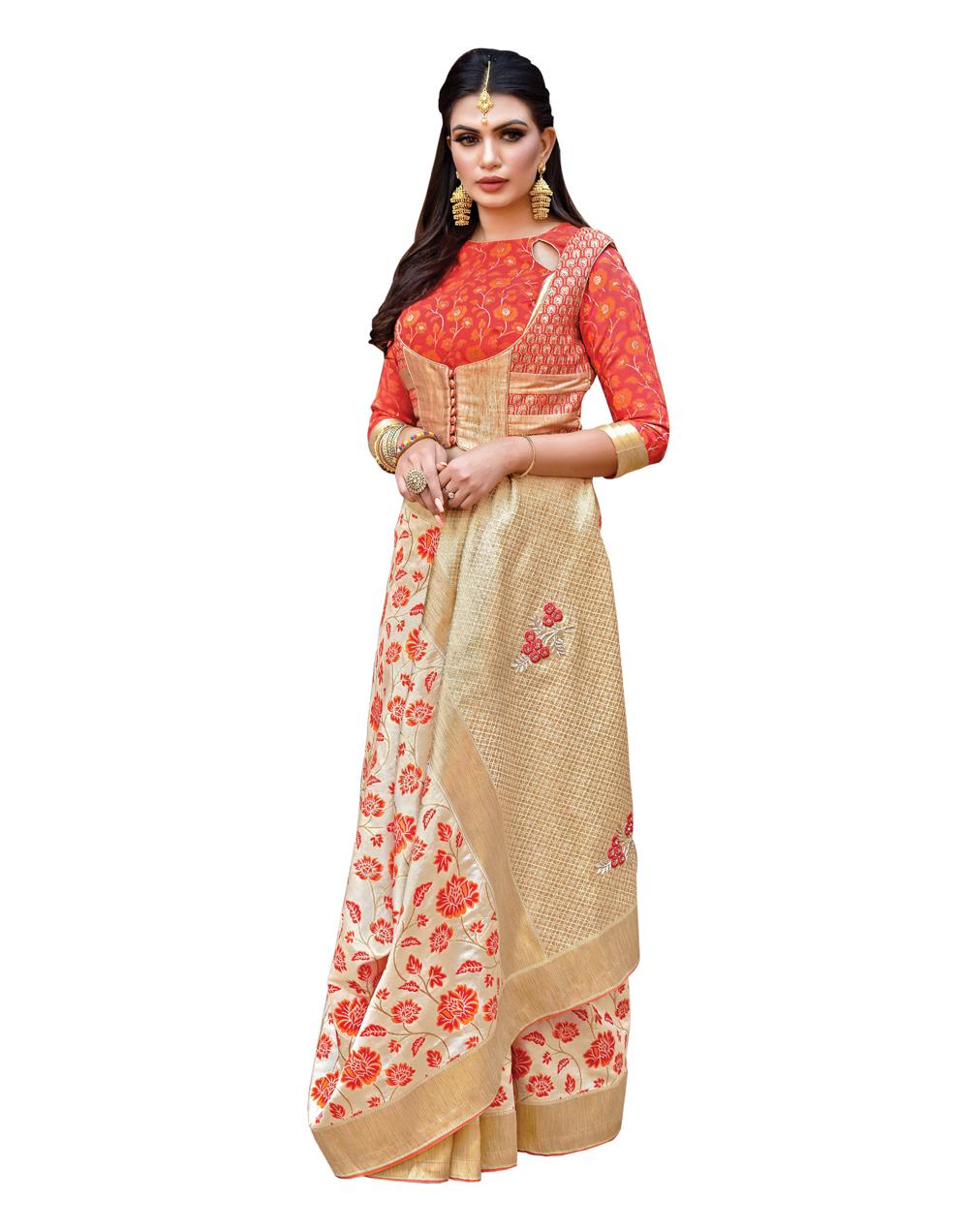 Cream Jacquard Silk Saree with Jacket And Blouse MH23178